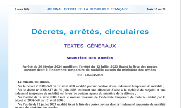 Arrêté du 20 février 2024 modifiant l'arrêté du 12 juillet 2023 fixant la liste des postes ouvrant droit à l'Indemnité Temporaire de Mobilité (ITM) au MinArm