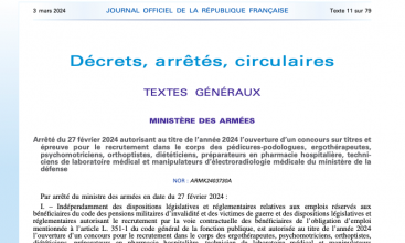 Arrêté du 27 févr 2024 autorisant au titre de l'année 2024 l'ouverture d'un concours sur titre pour recrutement dans les corps des pédicures-podologues, ergothérapeutes, psychomotriciens etc au MinArm