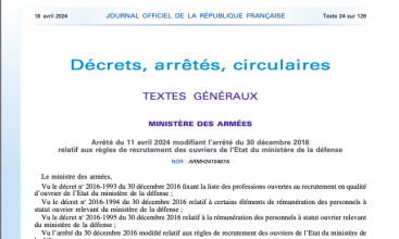 Arrêté du 11 avril 2024 modifiant l'arrêté du 30 décembre 2016 relatif aux règles de recrutement des OE au MinArm