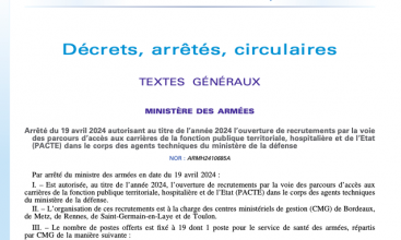 Arrêté du 19 avril ouverture recrutement par la voie PACTE dans le corps des Agents Techniques du Ministère de la Défense