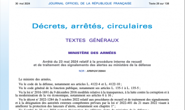 Arrêté du 23 mai 2024 relatif à la procédure interne de recueil et de traitement des signalements des alertes au MinArm