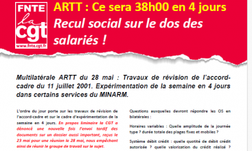 Tract FNTE : "ARTT : Ce sera 38H00 en 4 jours. Recul social sur le dos des salariés !"