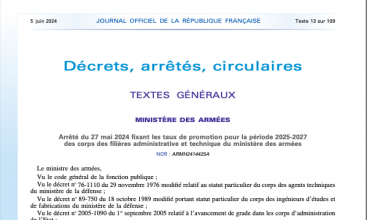 Arrêté du 27 mai 2024 fixant les taux de promotion pour la période 2025-2027 des corps Adm et Tech du MinArm