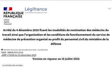 Arrêté du 4 décembre 2020 modifié concernant le service de médecine de prévention organisé au profit du pers civ du MinArm