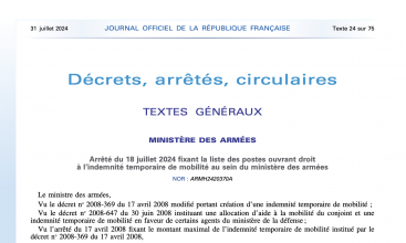 Arrêté du 18 juillet 2024 fixant la liste des postes ouvrant droit à l'Indemnité Temporaire de Mobilité au sein du MinArm