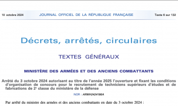 Arrêté du 3 octobre 2024 pour 2025 concours interne et externe de TSEF2