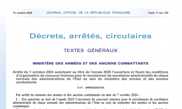 Arrêté du 7 octobre 2024 ouverture de concours interne SA au titre de 2025 au MinArm