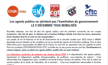 Communiqué Intersyndical - CFDT - UNSA - CGT - CGC-CFTC  - Appel à Mobilisation du 5 décembre 2024  "Les agents publics ne méritent pas l'humiliation du gouvernement - LE 5 DECEMBRE TOUS MOBILISES "