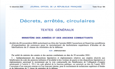 Arrêté du 29 nov 2024 pour ouverture au titre de 2025 concours TSEF3