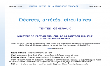 Décret 2024-1222 du 27 déc relatif aux conditions d'octroi et de renouvellement de la disponibilité pour raisons de santé des fonctionnaires civils de l'État