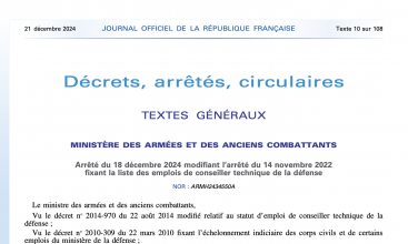 Arrêté du 18 décembre 2024 modifiant l'arrêté du 14 nov 2022 fixant la liste des emplois de Conseillers Techniques de la Défense