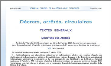 Arrêté du 7 janvier autorisant au titre de 2025 un concours de recrutement d'ATPMD2 au Ministère des Armées