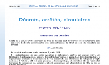 Arrêté du 7 janvier autorisant l'ouverture de recrutement sans concours d'Adjoint Administratif au MinArm